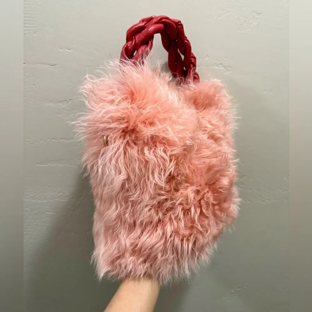 Genuine Curly Lamb Fur Handmade Leather Braided Handles Tote Bag, Crossbody